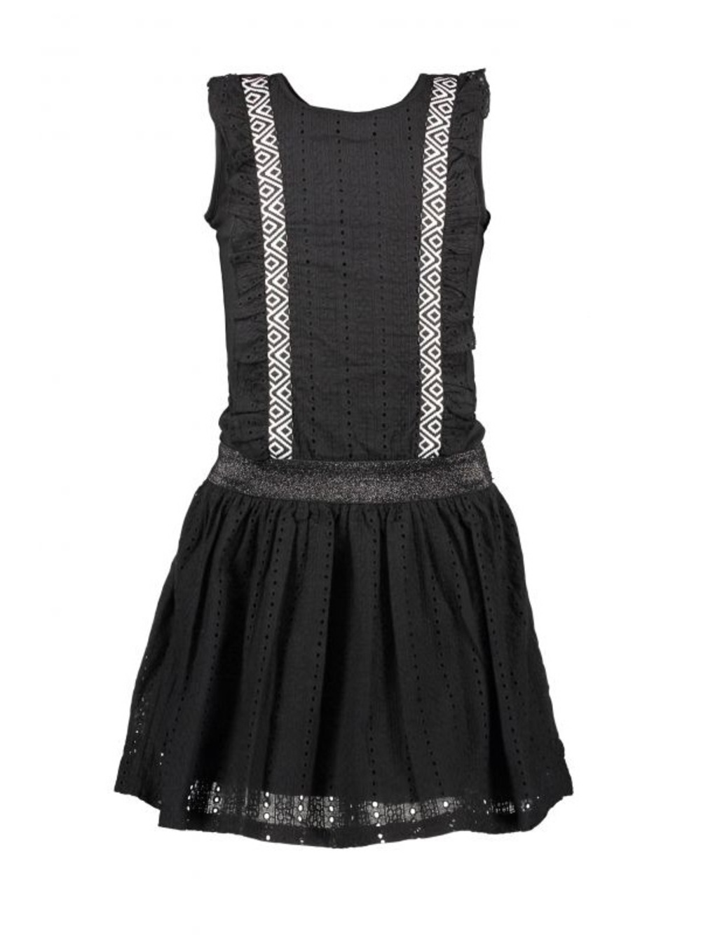 Girls' Black Eyelet Casual Dress with Contrast Trim